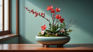 薄緑の鉢に活けられた赤・ピンクの花のフリー素材・写真・画像