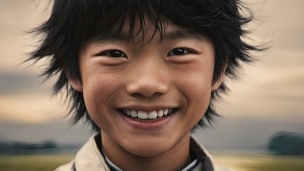 髪の毛がツンツンはねている笑顔の少年のフリー素材・写真・画像