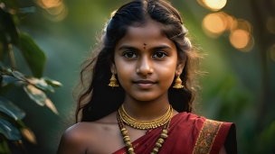 真っ直ぐこちらを見つめる赤い服を着たスリランカの女性のフリー素材・写真・画像