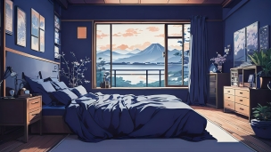 富士山が見える青が基調のオシャレな部屋 / イラストのフリー素材・写真・画像