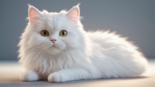 伏せをして黄色い瞳でこちらを見つめる白い猫のフリー素材・写真・画像
