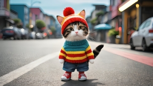 道路に立つカラフルなセーター・帽子を着た猫のフリー素材・写真・画像
