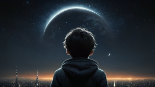 都会の夜景と惑星を見る少年の後ろ姿のフリー素材・写真・画像