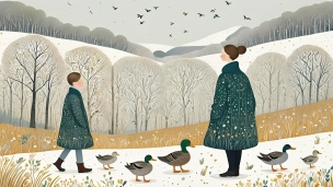 鴨の一団とおそろいのコートを着た2人の女性 / イラスト / 冬のフリー素材・写真・画像