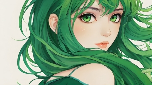 振り返る緑のロングヘアの女性 / 緑の瞳 / 可愛い / イラストのフリー素材・写真・画像