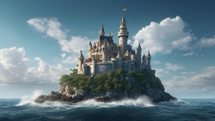 孤島にある青い屋根のお城のフリー素材・写真・画像