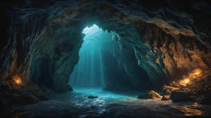 海の中にある光り射す洞窟のフリー素材・写真・画像