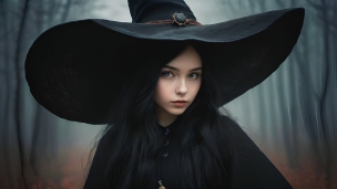 暗い森の中でこちらを見つめる黒い衣装を纏った魔女のフリー素材・写真・画像
