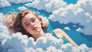 白い雲と水色の空と青い瞳のブロンドの外国人女性 / イラストのフリー素材・写真・画像