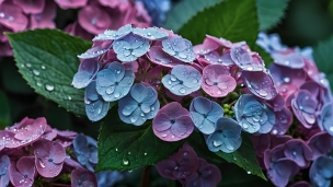 水滴がついた青と紫の紫陽花 / 6月のフリー素材・写真・画像