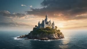 海の中の孤島にある城 / 綺麗のフリー素材・写真・画像