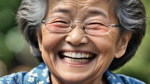 爆笑する眼鏡をかけたお婆ちゃんの顔のアップのフリー素材・写真・画像