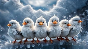 凍った枝にとまる5羽の可愛い白い鳥 / 雪のフリー素材・写真・画像