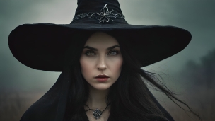 真っ直ぐこちらを見つめる黒い帽子を被った外国人の魔女 / 黒髪のフリー素材・写真・画像