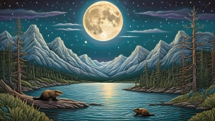 満月と湖と山とビーバーのフリー素材・写真・画像