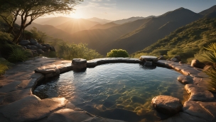 山脈と高台にある温泉のフリー素材・写真・画像