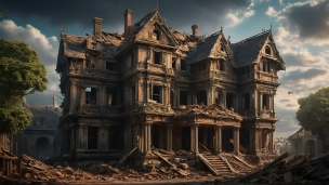 ボロボロの屋敷 / 災害 / 被害 / 木材のフリー素材・写真・画像