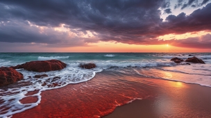 赤みがかった夕暮れの海 / 綺麗のフリー素材・写真・画像