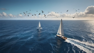 2隻のヨットと大海原と鳥の群れのフリー素材・写真・画像