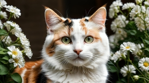 こちらを見つめる白・茶色の猫と白い花のフリー素材・写真・画像