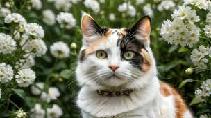白い花と黒・茶色のブチ猫のフリー素材・写真・画像