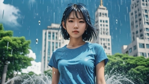 噴水の前で濡れた青髪・青Tの女性のフリー素材・写真・画像