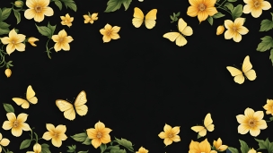 黄色の花と蝶 / 黒地 / 綺麗 / イラストのフリー素材・写真・画像