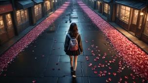 沢山のピンクの花びらが落ちている道を歩く女子高生の後ろ姿 / ピンクのリュックサックのフリー素材・写真・画像